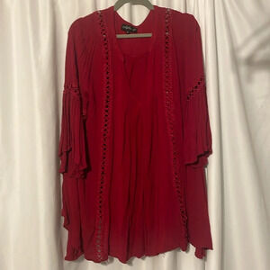Beautiful burgandy Red long womens top shirt size xl with see thru lace accents